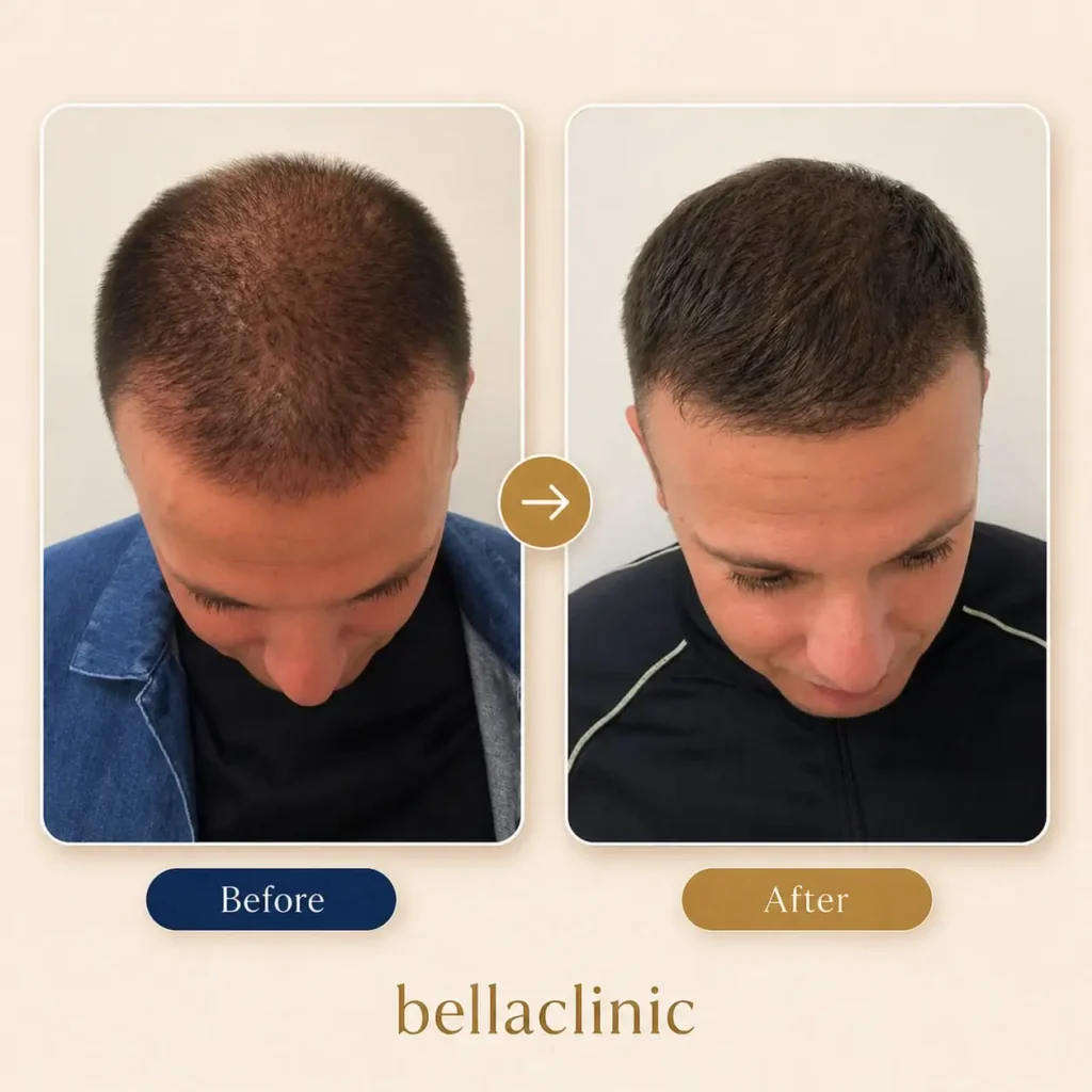 Male before and after hair transplant image showing hairline improvement and increased density.