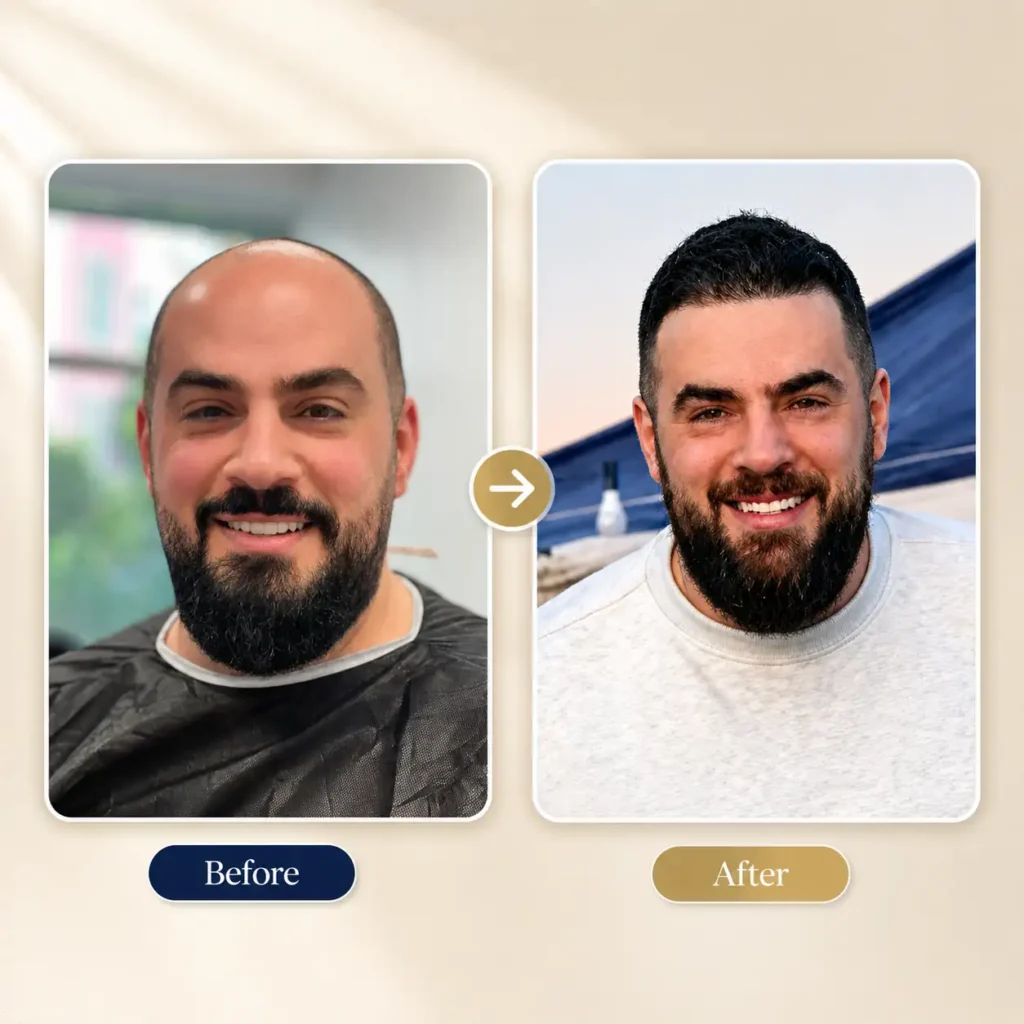 Male hair restoration before and after image showing a thinner top area before treatment and a fuller result after hair transplant.