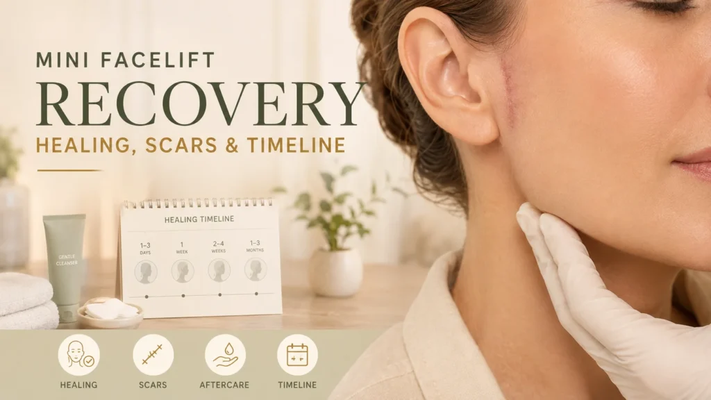 ini facelift recovery with a healing incision near the ear, aftercare items and a staged recovery timeline.