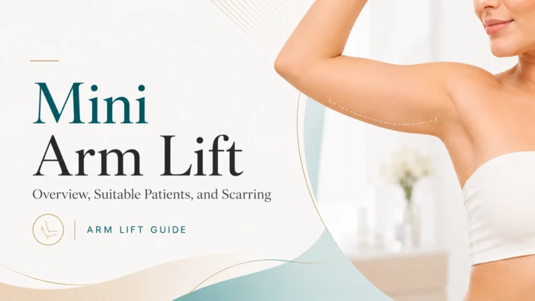 Mini arm lift guide showing the upper arm with a limited incision line for treating mild loose skin and scarring