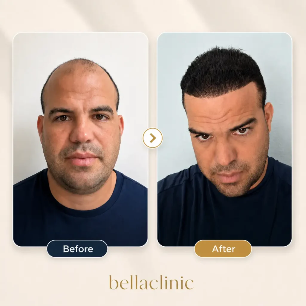 Before and after male hair transplant photo showing a natural-looking restored hairline and fuller front.