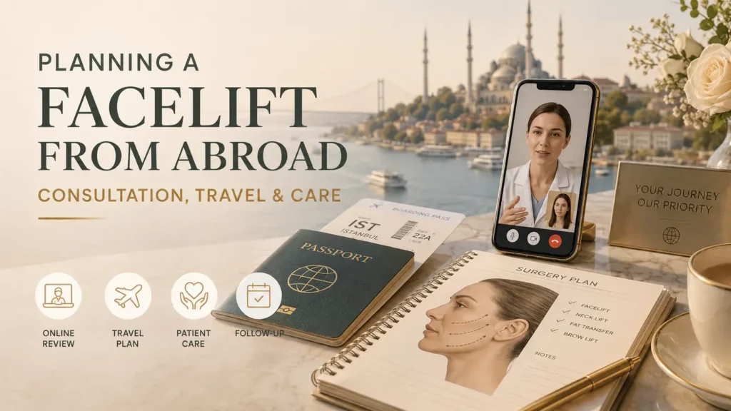 Planning a facelift from abroad with online consultation, passport, travel plan, patient care and follow-up.