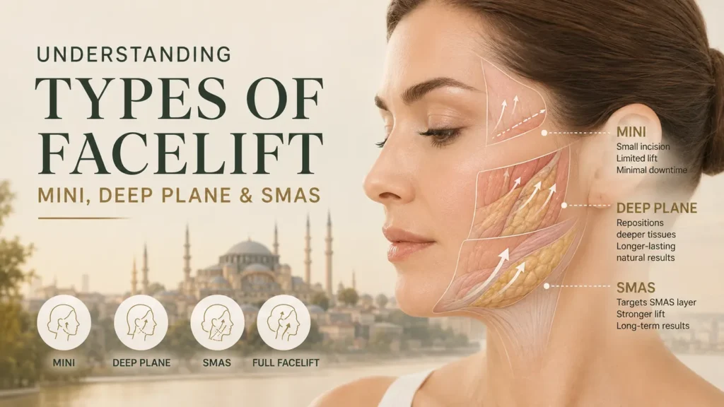 Comparison of mini facelift, deep plane facelift and SMAS facelift techniques with facial tissue layers and lift vectors.