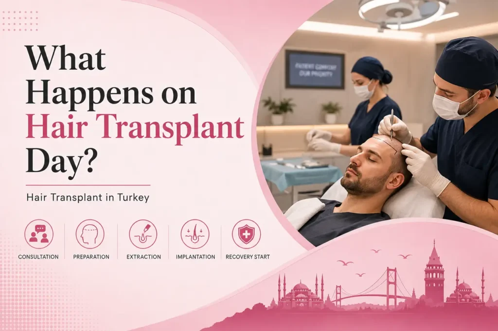 Medical team performing a hair transplant procedure, with consultation, preparation, extraction, implantation and recovery stages.