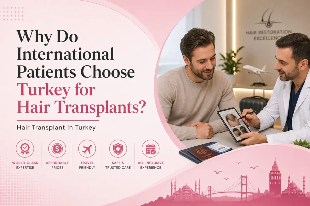 International patient discussing hair transplant treatment in Turkey with a doctor, with travel and care icons.